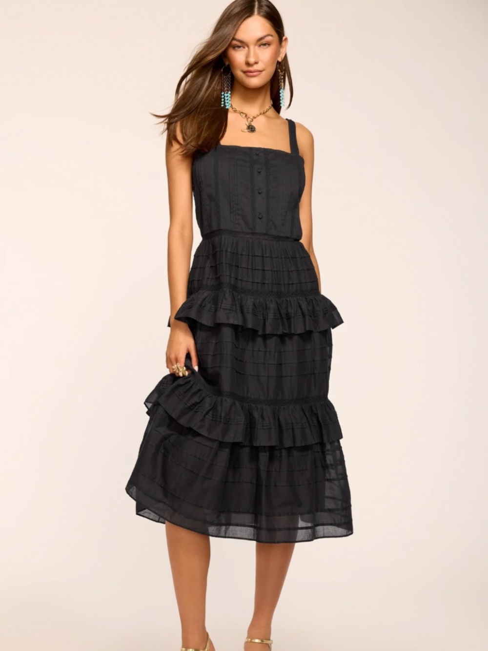 Ramy Brook Daria Embroidered Voile Midi Dress 100% Cotton Tiered Dress